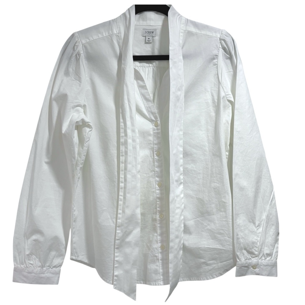 J.Crew White Tie-Neck Stretch Cotton Shirt Blouse Long Sleeve Top Medium